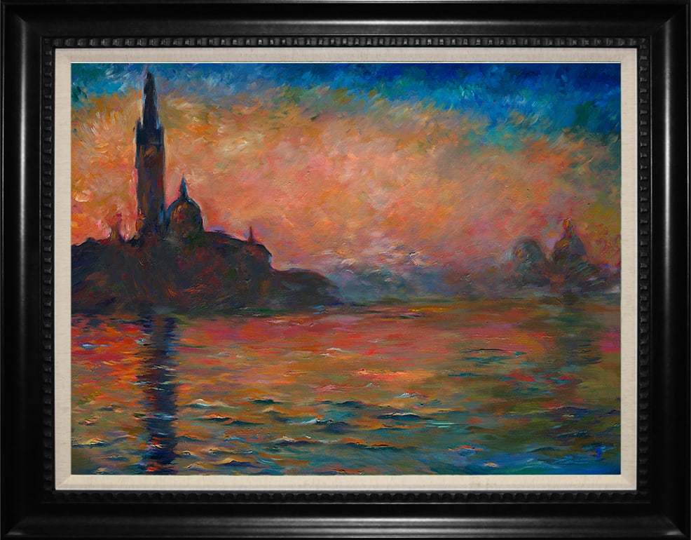 Claude Monet (French 1840-1926) Venice at Dusk after Claude Monet Hand Embellished Painting on: Claude Monet Venice at Dusk Claude Monet Hand Embellished Painting on canvas after Monet. Approx 26x30 inches. The signature is in the plate. Includes documentation. Custom framed. Art Artwork Artist.