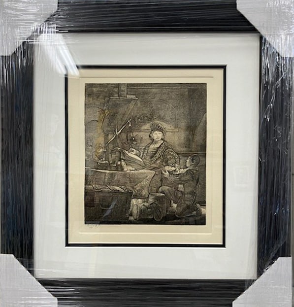 Rembrandt (Dutch, 1606-1669) The Goldwiegher Etching Rembrandt restored by Amand Durand).: Rembrandt (Dutch, 1606-1669) The Gold Weigher. Goldsmith Hand pulled-etching from the original copper plates by Amand-Durand (1831-1905) Date of original 1650. Approx frame size 20 x 22 inches. Certif