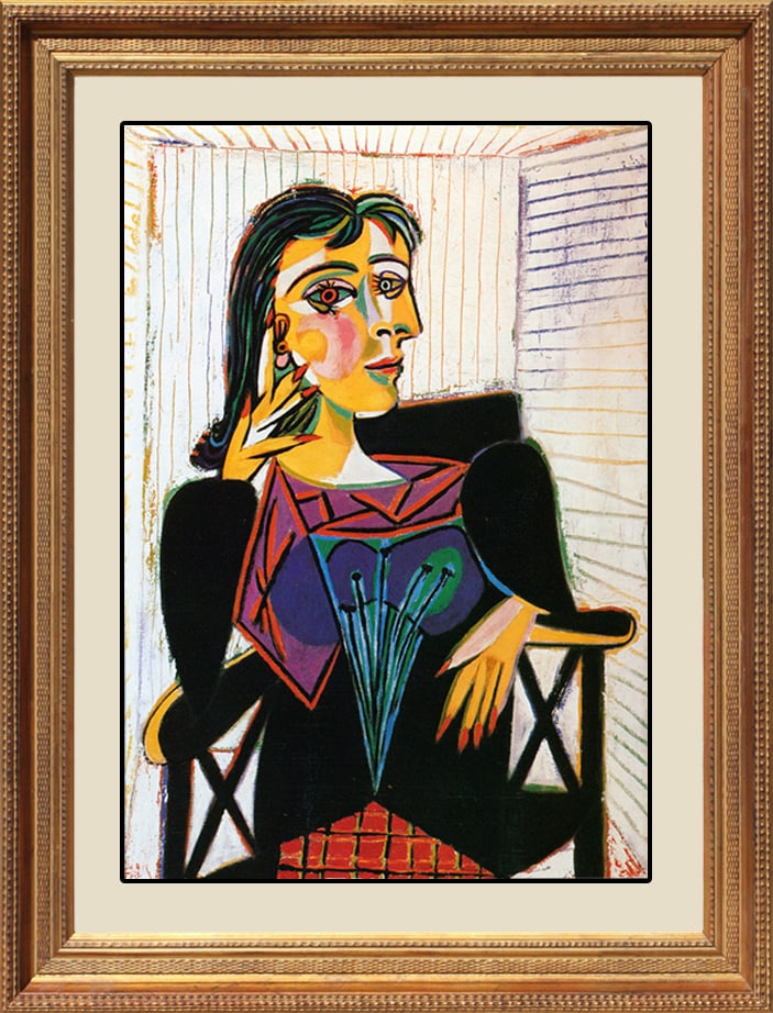 Pablo Picasso (Spanish 1881-1973) Limited Edition Seated Dora Maar Collection Domaine Picasso: Pablo Picasso Seated Dora Maar 24x30 approx. inches. Estate signed. Seated Dora Maar Limited Edition on canvas. Custom framed. Includes documentation. Art Artwork Artist.