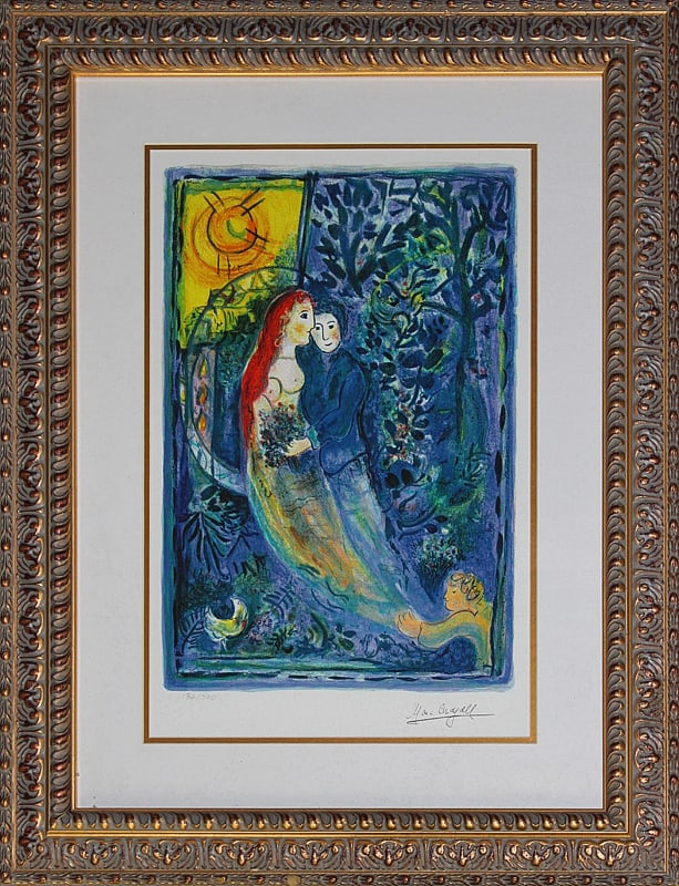 Marc Chagall (Russian-French 1887-1985) Marc Chagall Limited Edition Wedding: Marc Chagall (Russian-French 1887-1985) Marc Chagall Limited Edition Wedding Limited Edition on archival paper. The signature is in the plate. Approx. 26x30 inches. Custom framed. Includes documentati