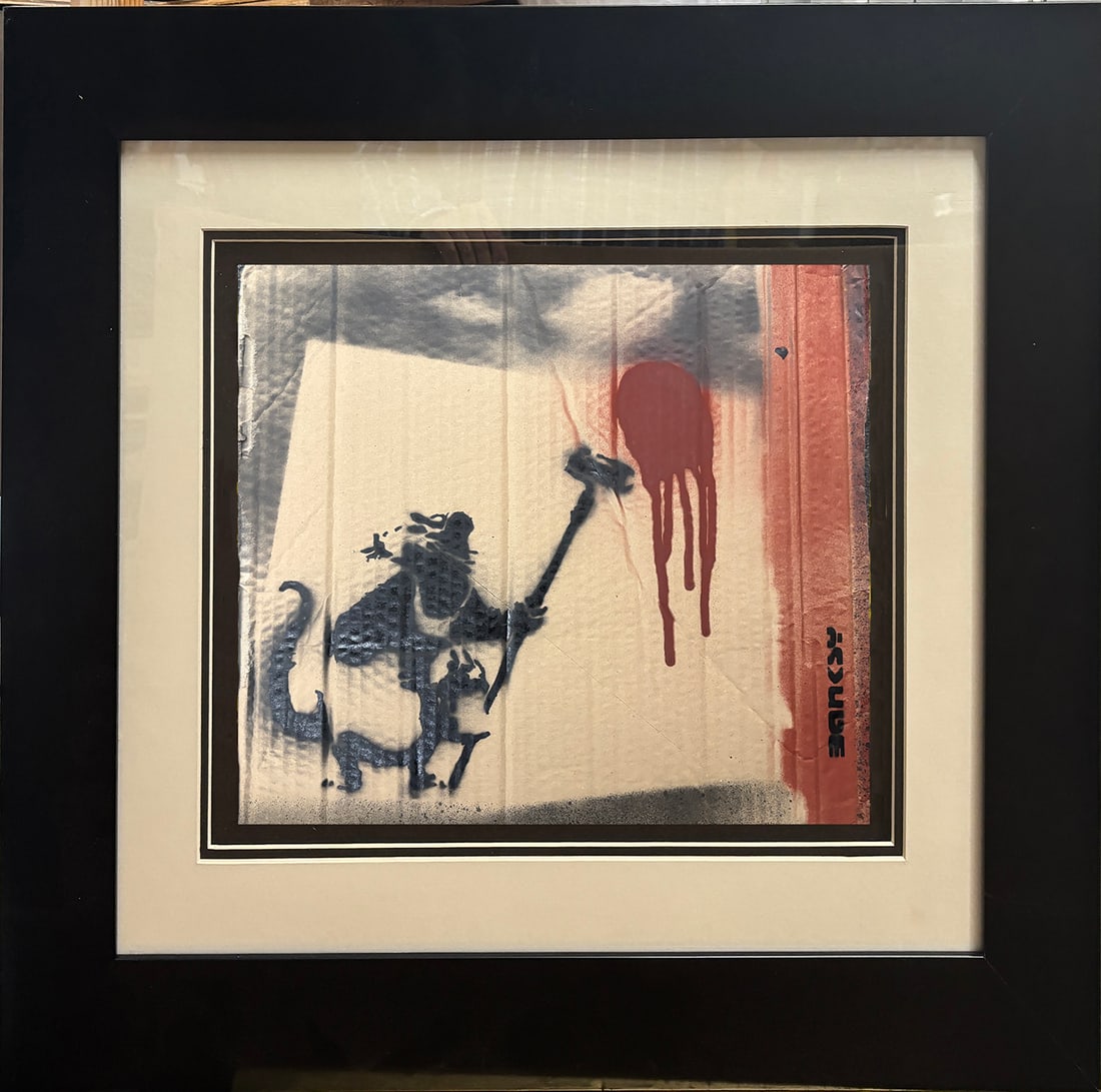 Original on board by Banksy (English 1974): Original on board by Banksy (English 1974) Original on board by Banksy approx 16x14 inches image size Custom framed and includes documentation Art Artwork Artist.
