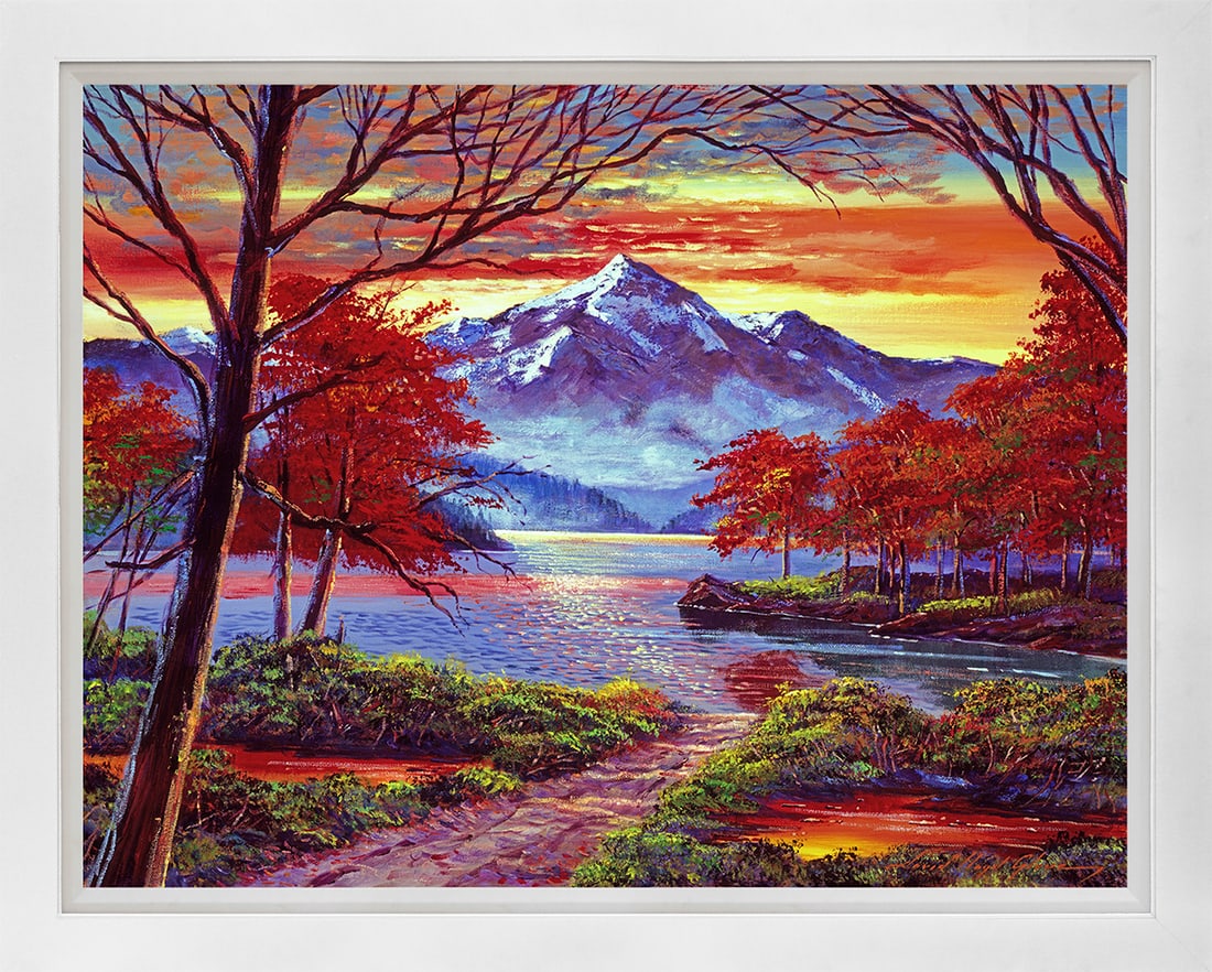 David Lloyd Glover (American 1949) Romantic Lake Hand Embellished Painting on canvas by David Lloyd: Hand Embellished Painting on canvas by David Lloyd Glover Hand signed by the artist. On canvas. Approx image size 18 x 24 inches Custom framed and includes certificate Limited edition. This work was p