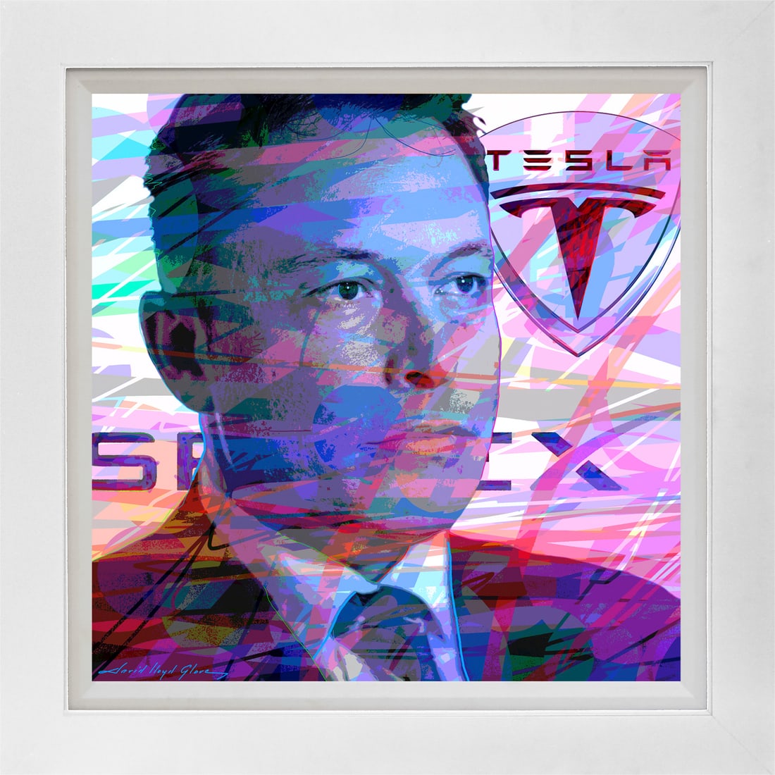 David Lloyd Glover (American 1949) Elon Musk Futurist Mixed Media. Original Painting on canvas David: Mixed media Original Painting on canvas by David Lloyd Glover Hand signed by the artist. On canvas image size. Approx 24x24 inches. Custom framed and includes certificate. This work was purchased dire