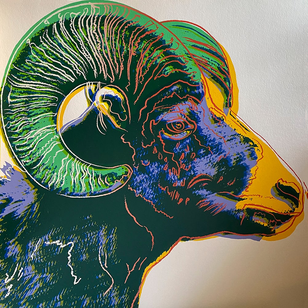 Andy Warhol (American, 1928-1987) Screenprint Bighorn Ram 1983 from the Endangered Species Suite: Andy Warhol (American, 1928-1987) Screenprint Bighorn Ram 1983 from the Endangered Species Suite SerigraphAndy Warhol Bighorn Ram. Serigraph Screen print and Colophon. 1983. Approx 38x38 inches. Inclu