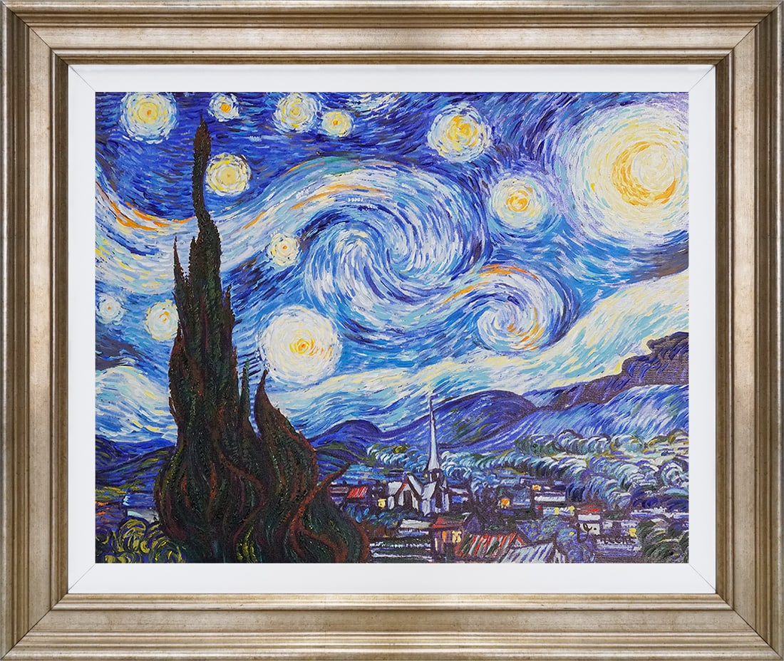 Vincent Van Gogh (Dutch 1853-1890) Starry Night Hand Embellished Painting on canvas after Van Gogh: Vincent Van Gogh (Dutch 1853-1890) Starry Night Hand Embellished Painting on canvas after Van Gogh the signature is in the plate. Limited Edition of 100. Approx 28x24 inches. Custom framed and include
