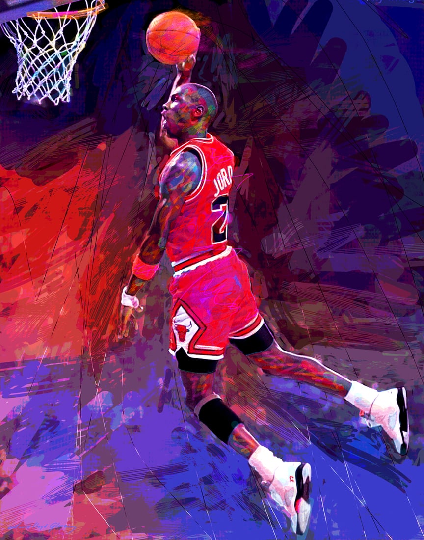 David Lloyd Glover (American 1949) Michael Jordan Chicago Bulls Hand Embellished Painting on canvas: Hand Embellished Painting on canvas by David Lloyd Glover Hand signed by the artist. On canvas image size. Approx image size 18x24 inches Custom framed and includes certificate. This work was purchase