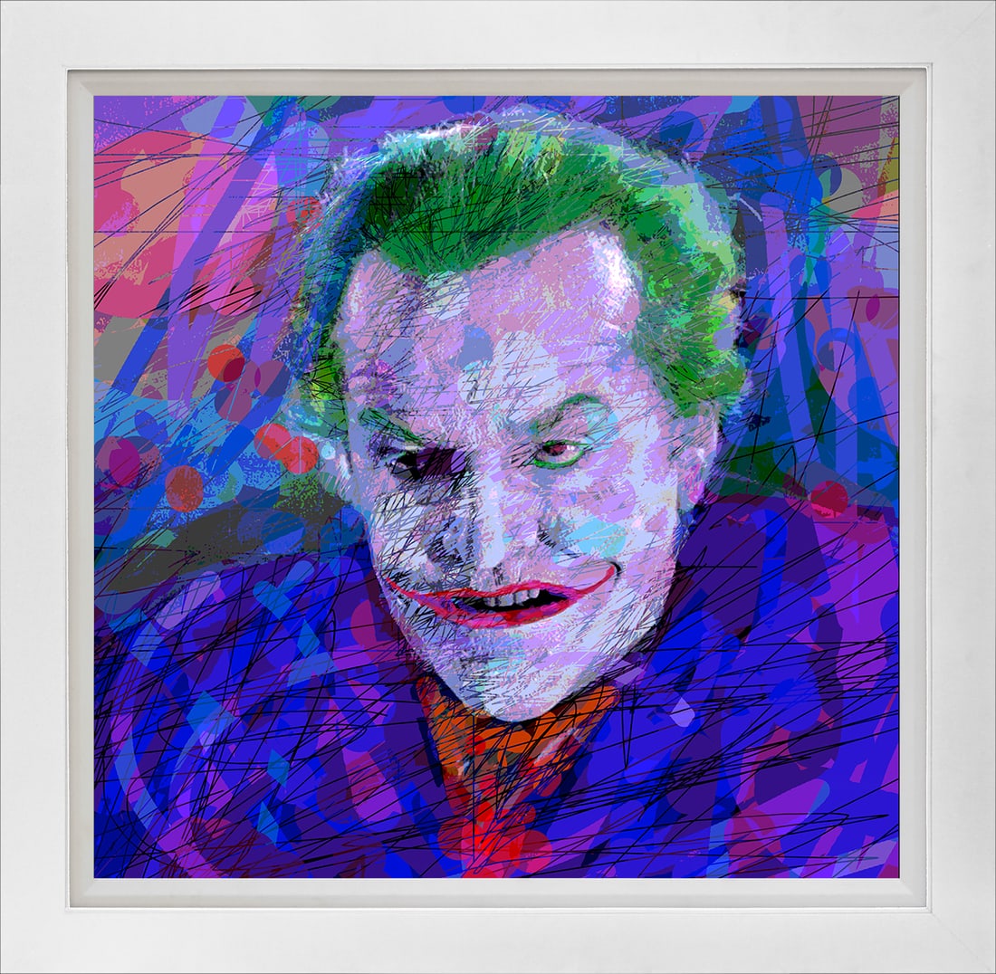 David Lloyd Glover (American 1949) The Joker Batman 1966 David Lloyd Glover Hand Embellished: The Joker Batman 1966 Hand Embellished Painting on canvas by David Lloyd Glover Hand signed by the artist. On canvas Approx 24x24 inches image size 30x30 framed Custom framed and includes certificate 