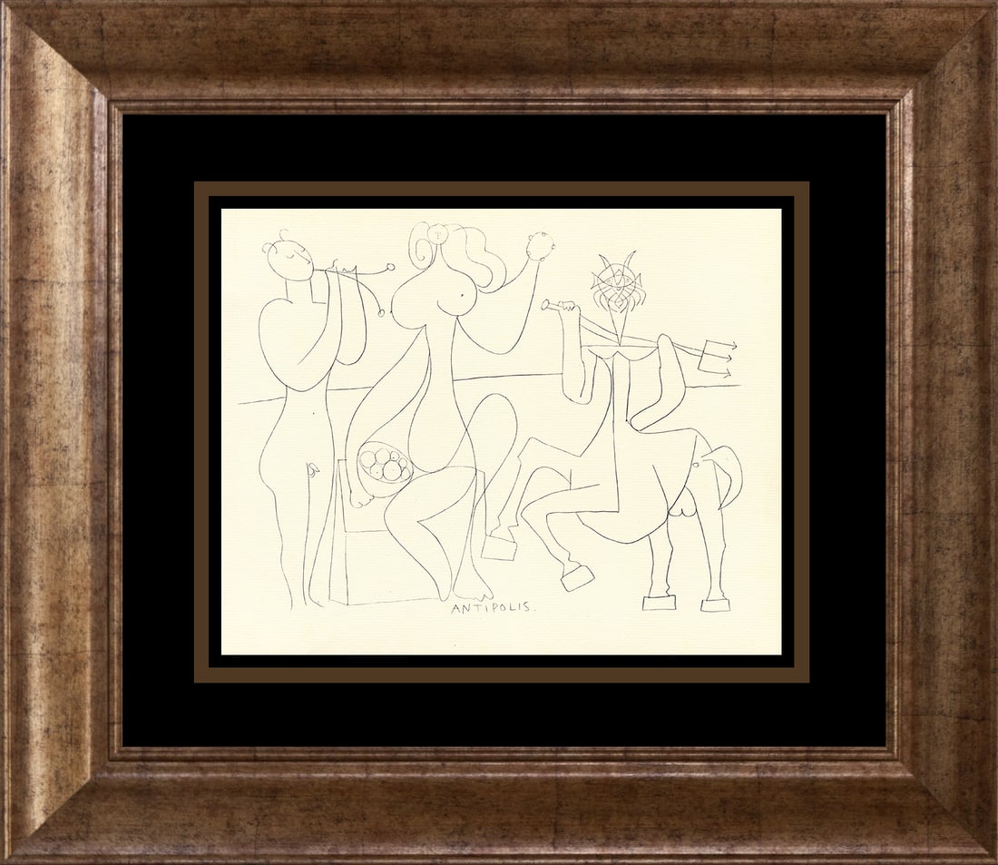 Picasso (Spanish 1881-1973) Antibes Lithograph c. 1960 Mythical designs: Pablo Picasso (Spanish 1881-1973) Pablo Picasso Antibes Lithograph from 1960. Mythical designs. Approx. 20x24 inches. Professionally framed. Includes certificate of authenticity. Art Artwork Artist.