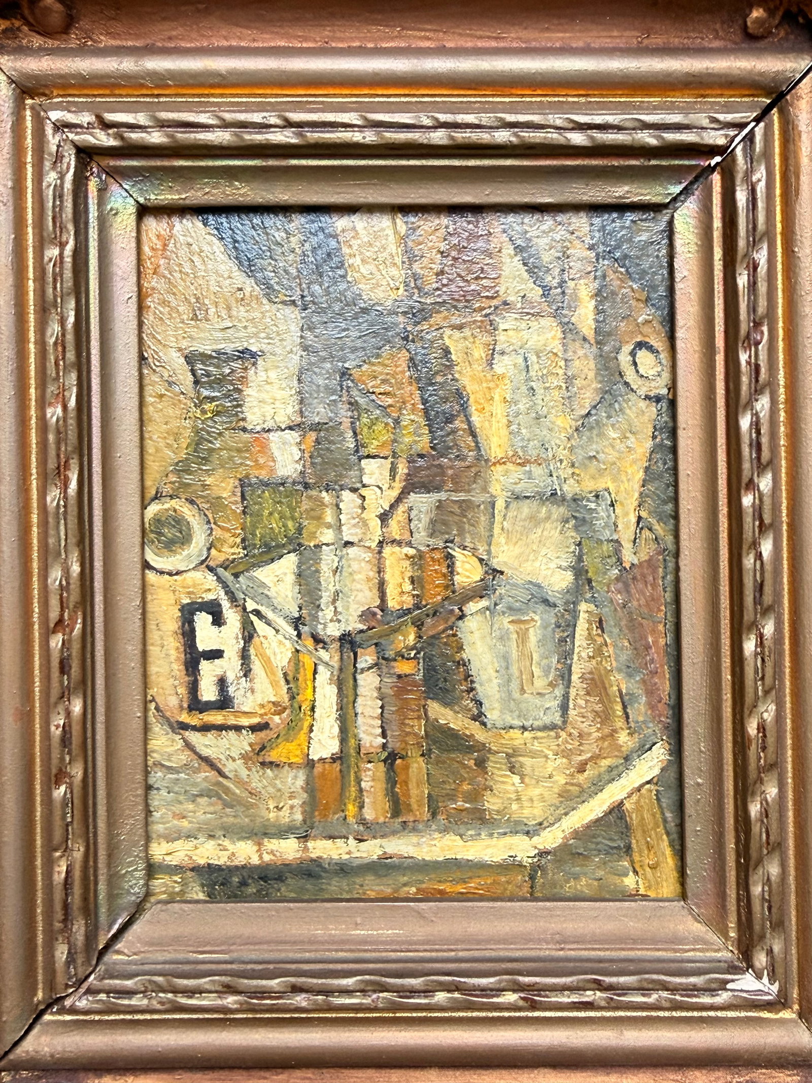 Artist: European Cubist School Title: Silence d’atelier – Still Life, ca. 1925–1935 Technique:: Artist: European Cubist SchoolTitle: Silence d’atelier – Still Life, ca. 1925–1935Technique: Oil on boardMeasurements: 16 x 12 cmProvenance: Private European collectionDescription:A refined cubi