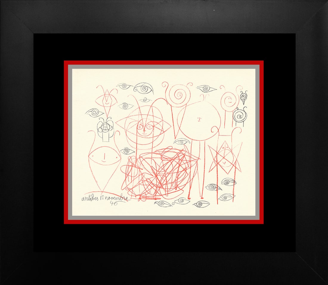 Picasso (Spanish 1881-1973) Antibes Lithograph c. 1960 Mythical designs: Pablo Picasso (Spanish 1881-1973) Pablo Picasso Antibes Lithograph from 1960. Mythical designs. Approx. 20x24 inches. Professionally framed. Includes certificate of authenticity. Art Artwork Artist.