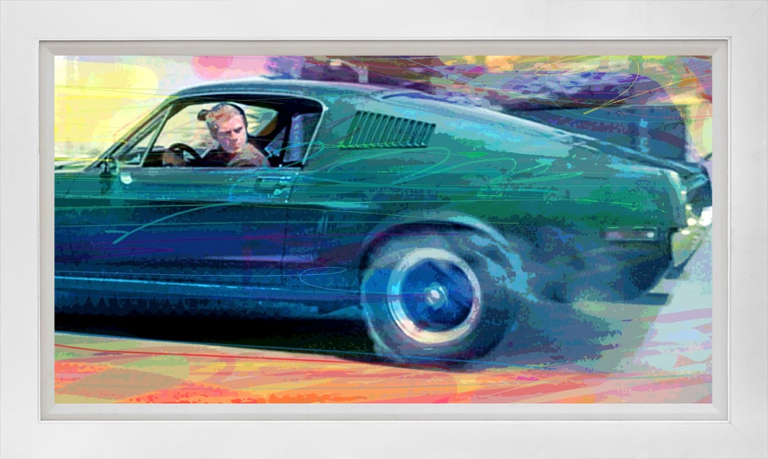 David Lloyd Glover (American 1949) Bullitt Mustang Hand Embellished Painting on canvas by David: Bullitt Mustang Hand Embellished Painting on canvas by David Lloyd Glover Hand signed by the artist. On canvas image size. Approx image size 18x24 inches. Custom framed and includes certificate. This 