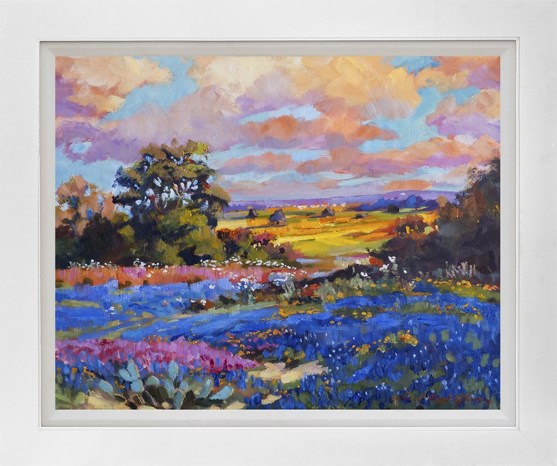 David Lloyd Glover (American 1949) Texas Wildflower paintbrush Landscape Hand Embellished Painting: Texas Wildflower paintbrush Landscape Hand Embellished Painting canvas David Lloyd Glover Hand signed by the artist. On canvas image size. Approx image size 18x24 inches. Custom framed and includes ce