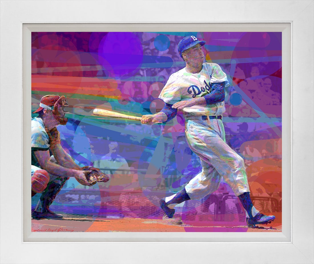 David Lloyd Glover (American 1949) Duke Snider Dodger Blue Hand Embellished Painting on canvas by: Hand Embellished Painting on canvas by David Lloyd Glover. Hand signed by the artist. On canvas. Approx image size 18x24 inches. Custom framed and includes certificate. Art Artwork Artist.