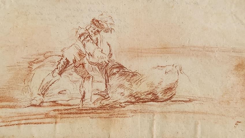 FRANCISCO DE GOYA (Spanish School, (1746-1828) Goya SANGUINE N.5 ORIGINAL FRANCISCO DE GOYA: Goya SANGUINE N. 5 ORIGINAL FRANCISCO DE GOYA BULLFIGHTING CERTIFIEDFRANCISCO DE GOYA (Spanish School, 1746-1828) Sanguine on paper. 21 x 31 cm. On the back, wet stamp in red ink with the inscription 