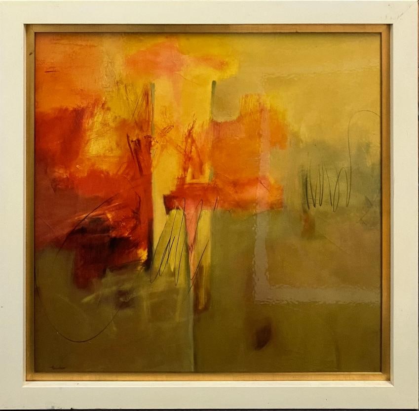 Pam Hassler, Original oil on paper Hand signed Abstract: Pam Hassler Red and gold abstract original oil on paper Hand signed by the artist. 31x31 / 35x35 inches image size frames. Includes certificate Art Artwork Artist.