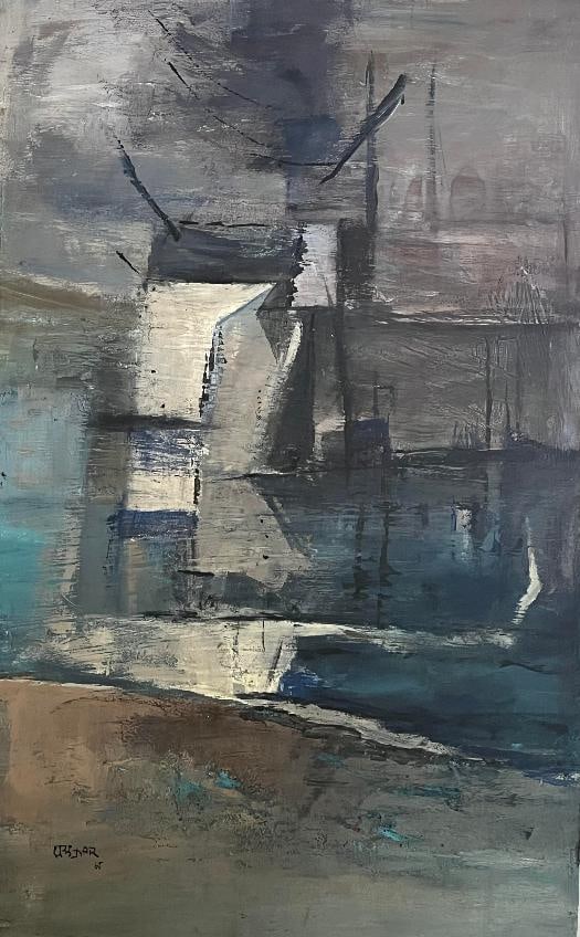 Ram Kumar (1924-2018) oil on wood 1960: Ram Kumar oil on wood 1960. (Born: September 23, 1924, Shimla, India Died: April 14, 2018, Delhi, India) Technique: Oil on wood Title: Port Dated: Circa 1960 Measurements: 78 x 48 cm Signed: Bottom le
