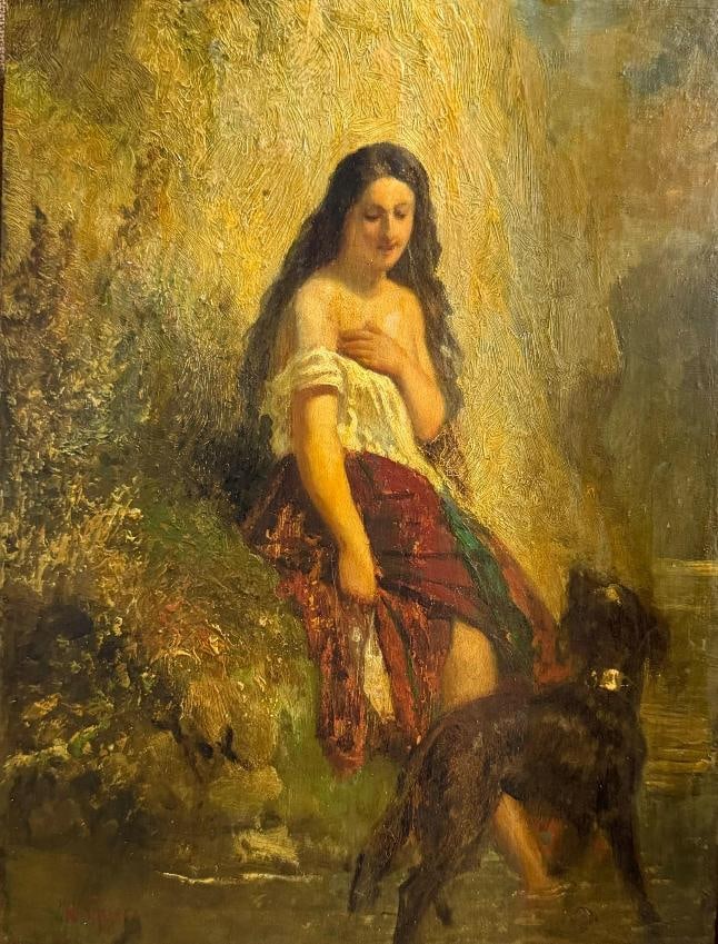 Nicolaos Gyzis (1842-1901) Oil on wood attributed to Nicolaus Gyzis Woman with dog at the lake.: Nicolaos Gyzis (1842-1901) Oil on wood attributed to Nicolaus GyzisWoman with dog at the lake. Measurements: 29 x 21 cm Provenance important collection. Art Artwork Artist.