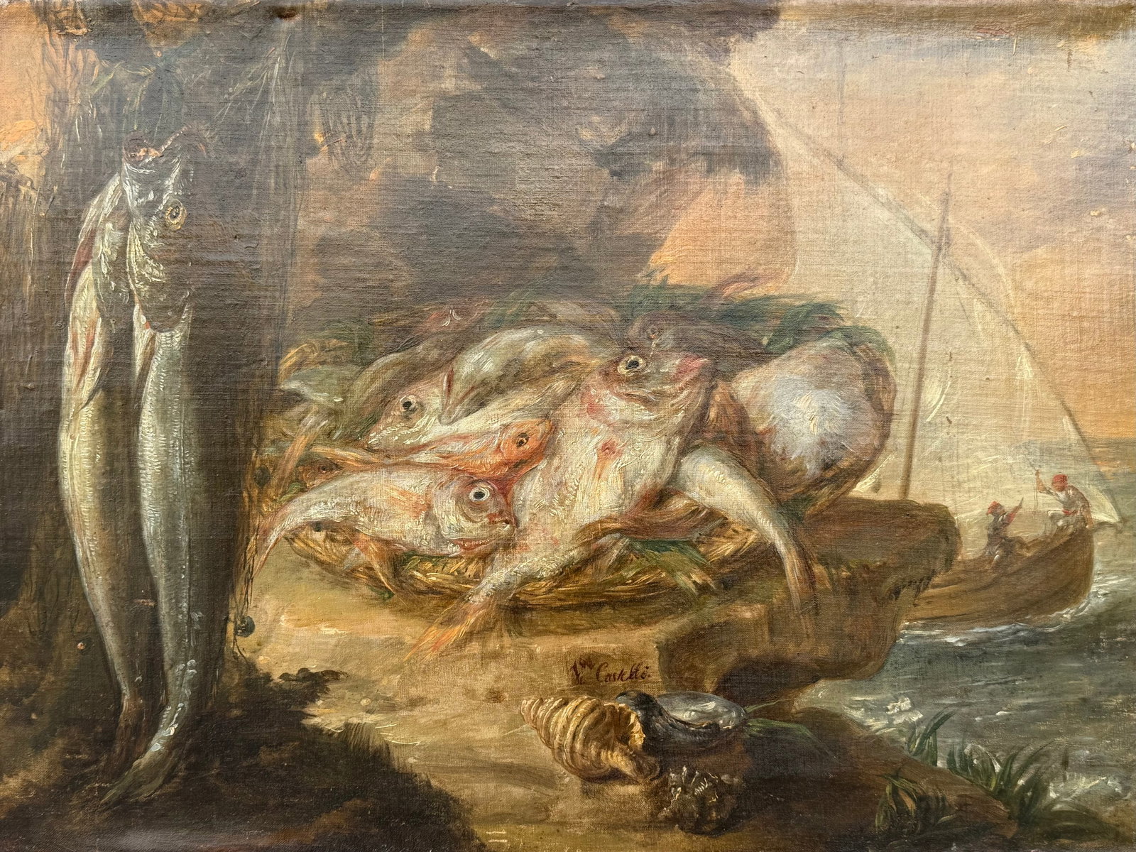 Mediterranean Still Life with Fish, Shells and Fishermen at Sea oil painting on canvas Signed V.: Mediterranean Still Life with Fish, Shells and Fishermen at Sea oil painting on canvasSigned “V. Castelló” Period: Late 19th CenturyMedium: Oil on canvas original paintingDimensions: 75.5 x 5