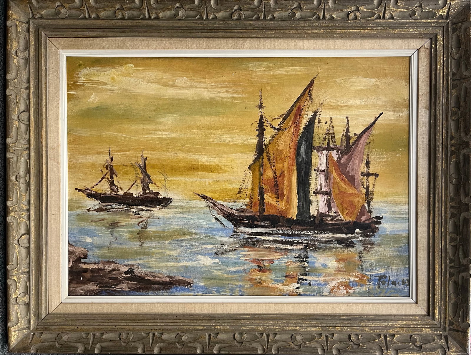 Vintage Original Sea Scape. Oil Painting on Canvas. Hand Signed. 27x5 inches.: Vintage Oil Painting on Canvas. Seascape with Boats. Hand Signed. Beautiful Pallet Work. In Original Frame. 27x35 inches. step Art Artwork Artist.