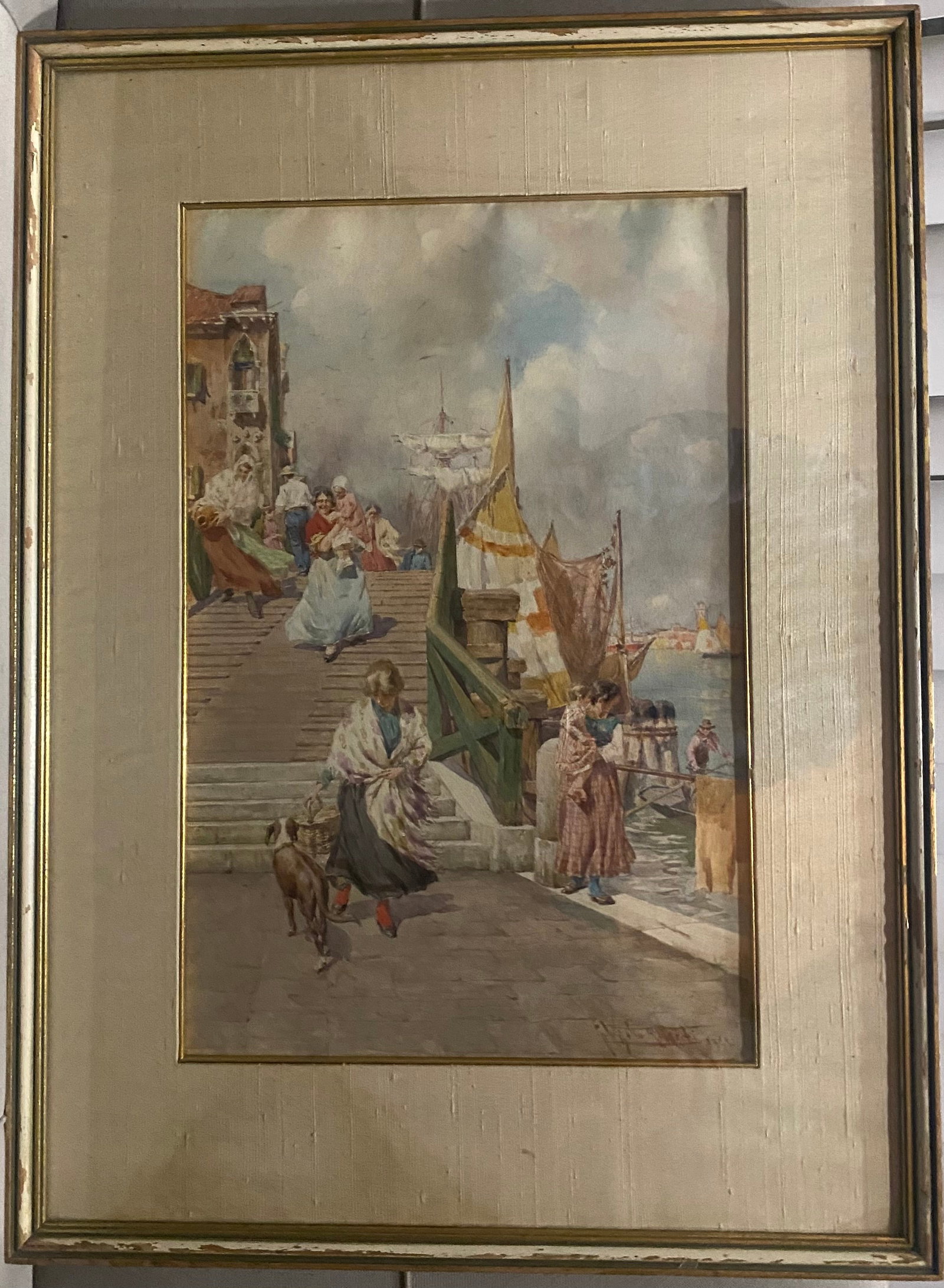 Seaside Giuseppe Vizzotto Alberti Original Watercolor Painting with spectacular vibrant colors 1902: Original Watercolor Painting with spectacular vibrant colors - 1902 - 18.5 x 12.5 image size - with original frame and with the artists name plaque 26.75 x 19.75 outside frame dimension. Art Artwork A