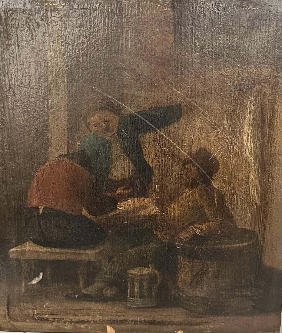 Original oil painting on canvas with illegible signature: Original Oil on wood Illegible signature Title: tavern interior with characters Measurements: 18.5 x 17 cm Provenance: Private collection Art Artwork Artist.