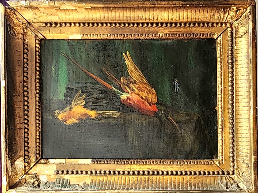 Antique oilpainting on canvas, Birds: Antique painting on canvas, BirdsWork dimensions: 17.5 x 12 inchesDimensions with frame: 17 x 23 inchesIt has a label on the back indicating the private collection to which it belonged, which reads No