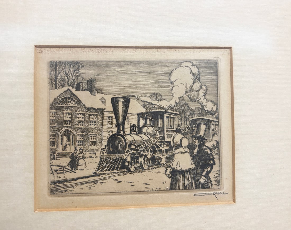Vintage Original 1920's etching Otto Kuhler signed locomotive scene. Very good condition. Framed: Vintage Original 1920's etching Otto Kuhler signed locomotive scene. Very good condition. Framed Approx 12 x 10 inches