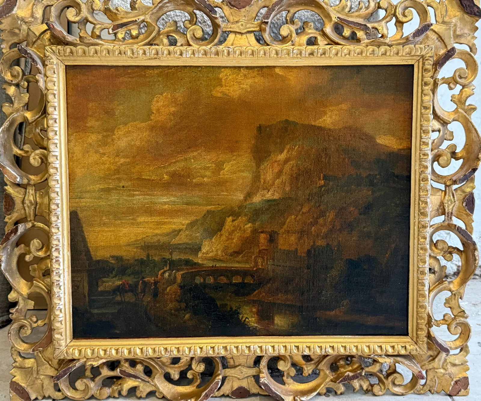 Claude Joseph Vernet (French 1714-1789) France Original oil painting on canvas: Claude Joseph Vernet (1714-1789) France Original oil painting on canvas Title: Landscape with mountains, characters and castleMeasurements: 52 x 40.5 cm Signed: Lower left side J. Vernet-1788Provenanc
