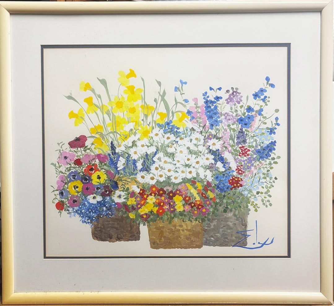 Original vintage acrylic painting by Eda Varricchio an Italian artist from Santa Rosa Beautiful: Original vintage acrylic painting by Eda Varricchio an Italian artist from Santa Rosa Beautiful vibrant colors framed This is in very good condition Siz 31.5x28 framed image 20x23 inches step