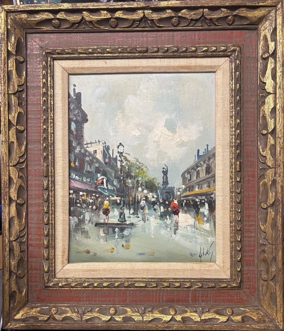 Antonio De Vity Original Vintage Oil Painting on Canvas 1960's Signed lover right This painting: Antonio De Vity Original Vintage Oil Painting on Canvas 1960's Signed lover right This painting depicts vibrant Parisian street scene It's in a very good condition and has an original frame Size 21.5x