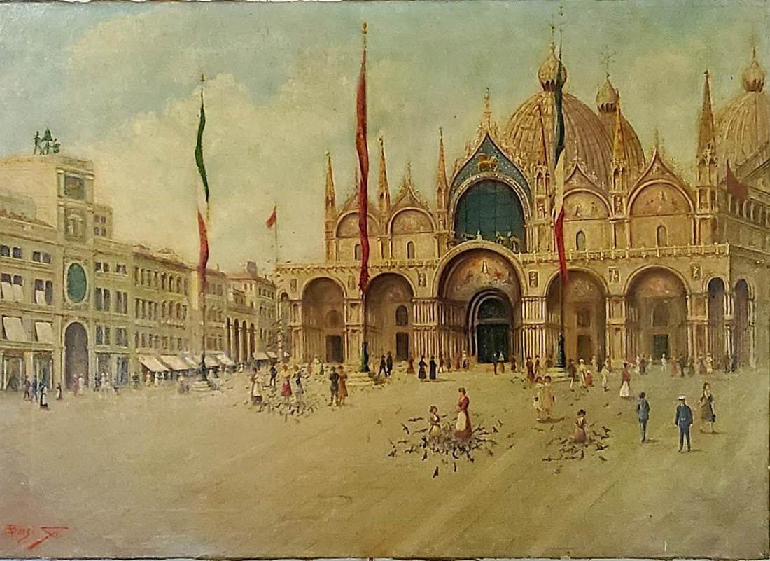 Old Painting Saint Mark's Square Venice signed Borsi.: Old Painting Saint Mark's Square Venice signed Borsi.Measures 50 x 70 cm 19 3/4 x 27 3/4 inches. Art Artwork Artist.