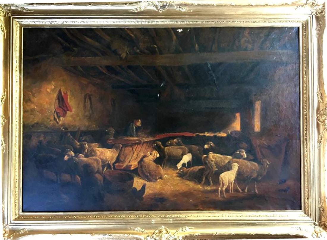 Charles Jacque Taking the Stall oil painting on canvas: Charles Jacque Taking the Stall oil painting on canvas 140x90cm approx image size from a private collection. Art Artwork Artist.