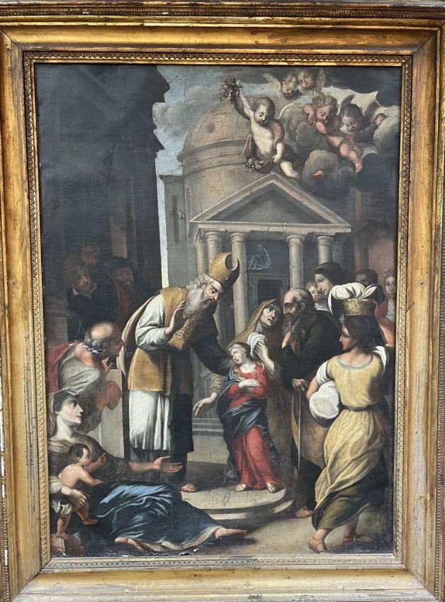 17th Century The Baptism of Saint Anne in the temple. oil painting on canvas.: 17th Century The Baptism of Saint Anne in the temple. oil painting on canvas. 136x97 cm Provenance: Private Collection St. Anne and Joachim presenting Mary to the Temple, where she lived until she