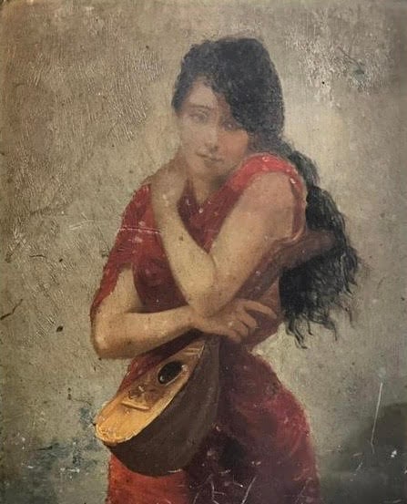 Artist:Edouard Bisson Young Woman with a Mandolin Oil on wood: Artist: Edouard BissonYoung Woman with a Mandolin Oil on wood Measurements: 27 x 21 cm.Provenance: Private collection Art Artwork Artist.