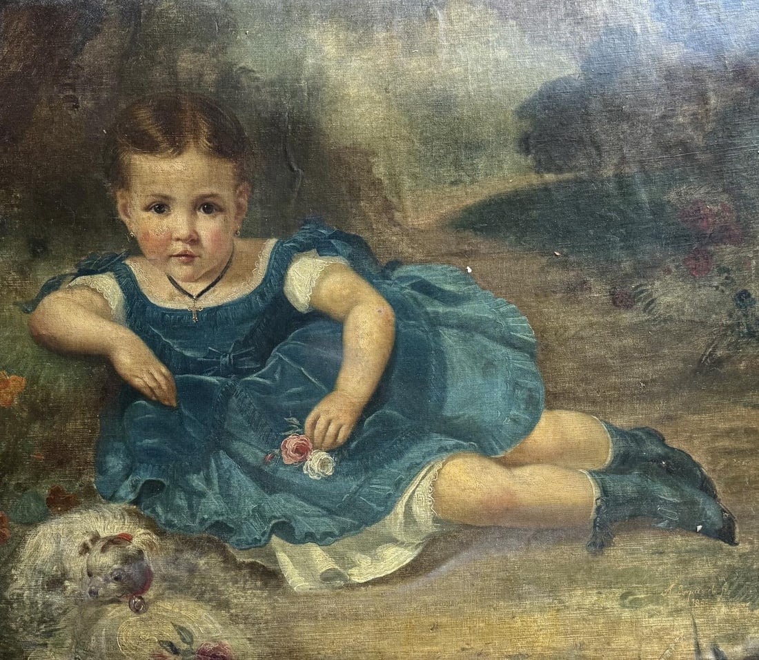 Antonio Maria Esquivel y Suarez de Urbina oil painting on canvas from 1855: Antonio María Esquivel y Suárez de Urbina (1806-1857).Médium: oil painting on canvasTitle: Girl with DogDimensions: 64x77cmSigned: Lower right side "A. Esquivel-1855"Provenance: Private collection.