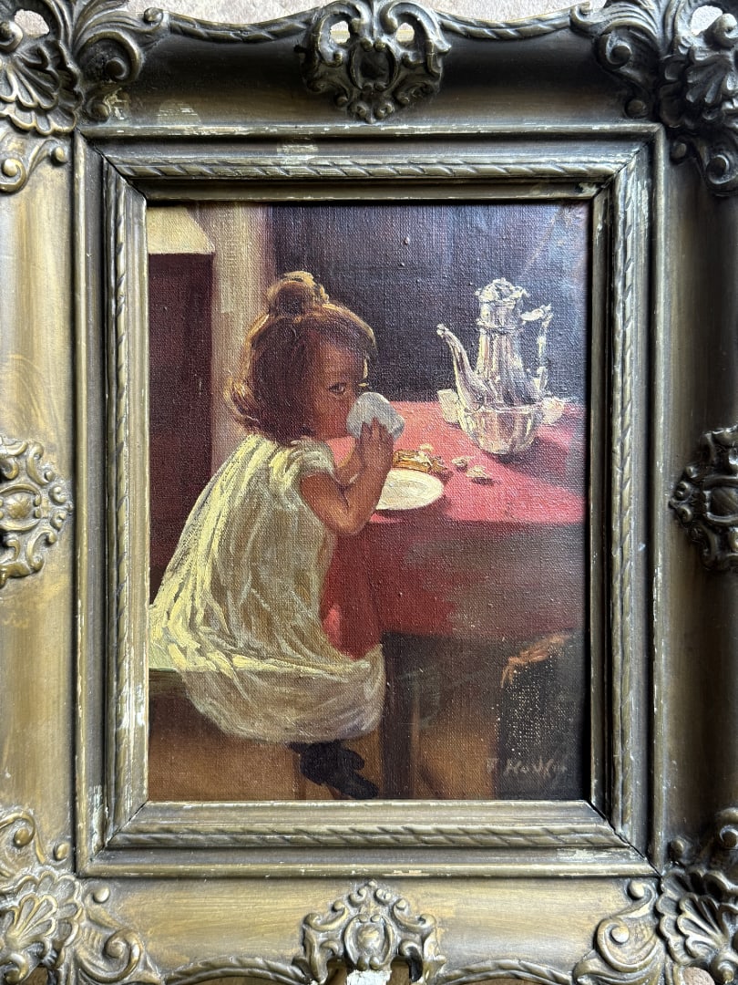 European Painting circa 1910-1940 Artist: Signature illegible. oil painting on canvas mounted on: European Painting circa 1910-1940Artist: Signature illegible.Technique: oil painting on canvas mounted on boardDimensions: 25 x 19 cmTitle: Genre (Girl Having a Snack)Provenance: Private collection Ar