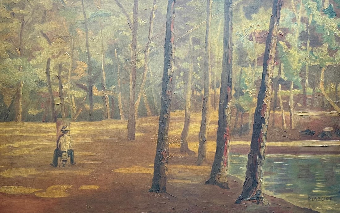 Plaschke Artist Technique: Oil on wood painting Title: Painting in the Forest by the Lake: Artist: Plaschke Technique: Oil on woodTitle: Painting in the Forest by the LakeDimensions: 38 x 59 cmSigned: Plaschke in the lower right cornerCondition: GoodProvenance: Private Collection Art Artwor