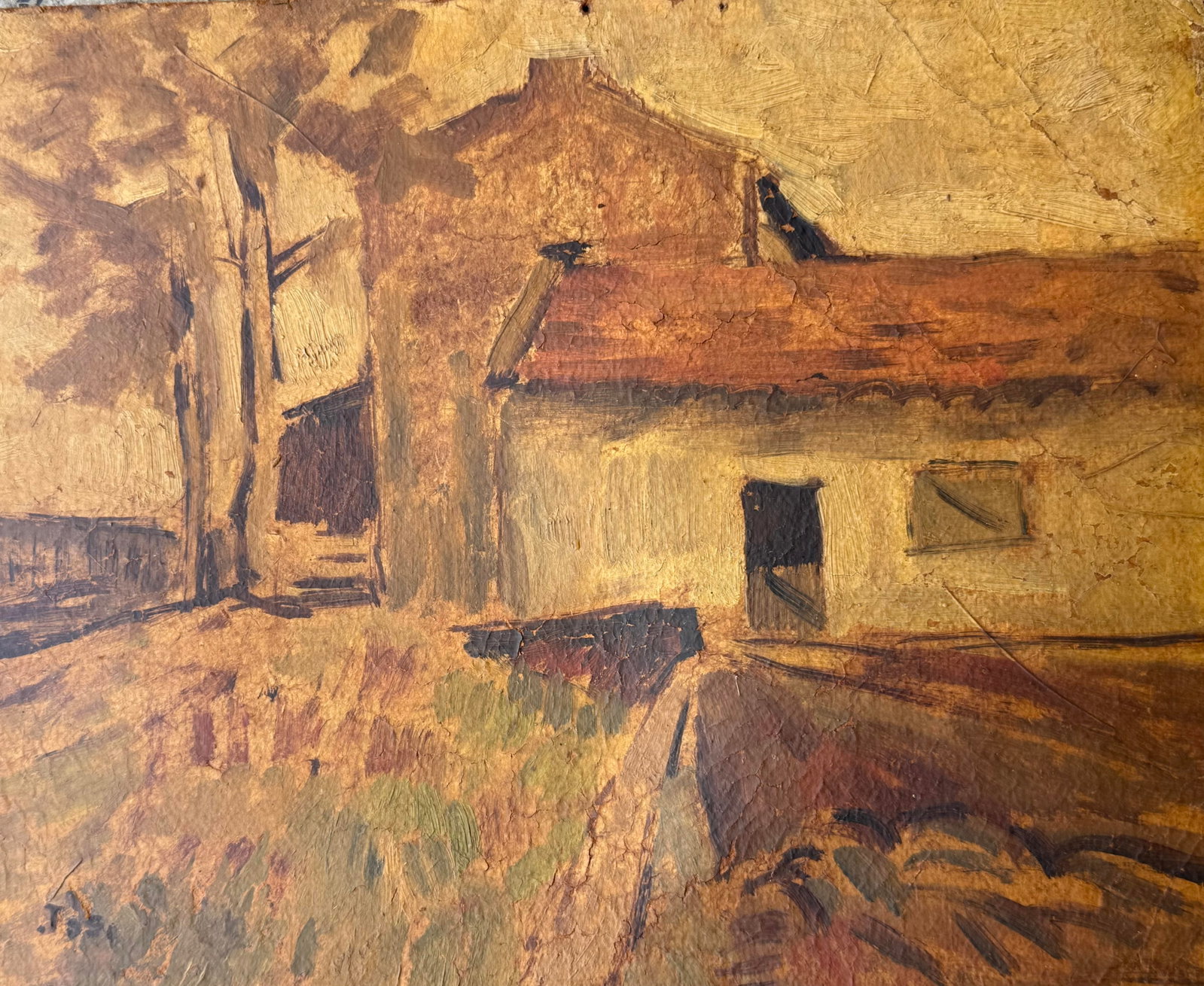 Artist: Arturo Tosi (1871-1956) Technique: Oil painting on board Rural Landscape with Houses: Artist: Arturo Tosi (1871-1956)Technique: Oil painting on boardTitle: Rural Landscape with HousesDimensions: 24 x 30 cmSigned: Tosi in the lower left cornerProvenance: Private Collection Art Artwork A