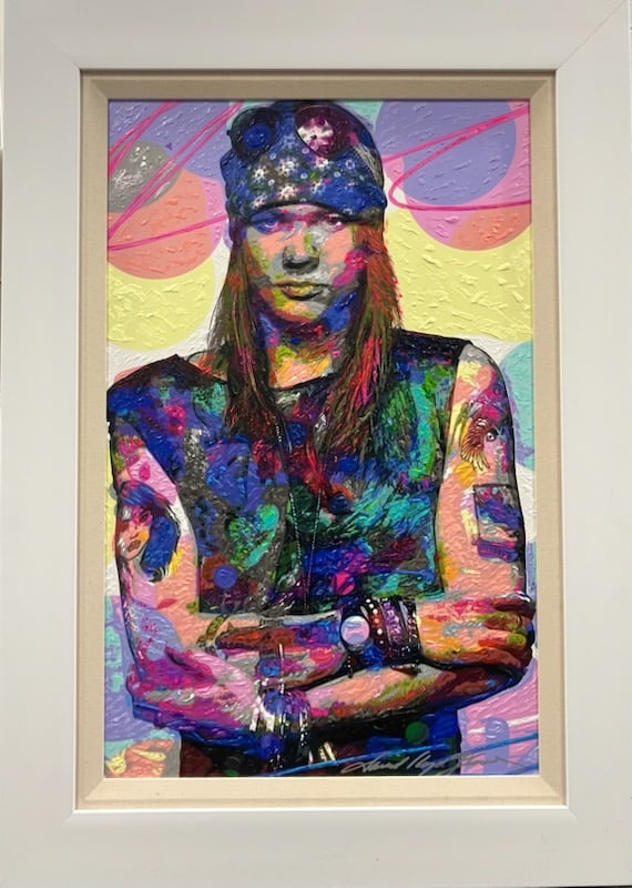 David Lloyd Glover (American 1949) Axl Rose Guns N Roses Original Mixed Media Painting on canvas by: Axl Rose Guns N Roses Original Mixed Media Painting on canvas by David Lloyd Glover (American, 1949) Hand signed by the artist. On canvas Approx image size 18x24 inches Custom framed and includes cert