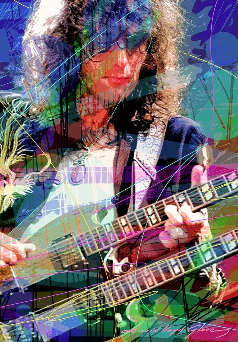 David Lloyd Glover (American 1949) Jimmy Page Hand Embellished Painting canvas David Lloyd Glover: Hand Embellished Painting on canvas Hand signed by the artist David Lloyd Glover On canvas. Approx image size 24 x18 inches. Custom framed and includes certificate. This work was purchased directly fr