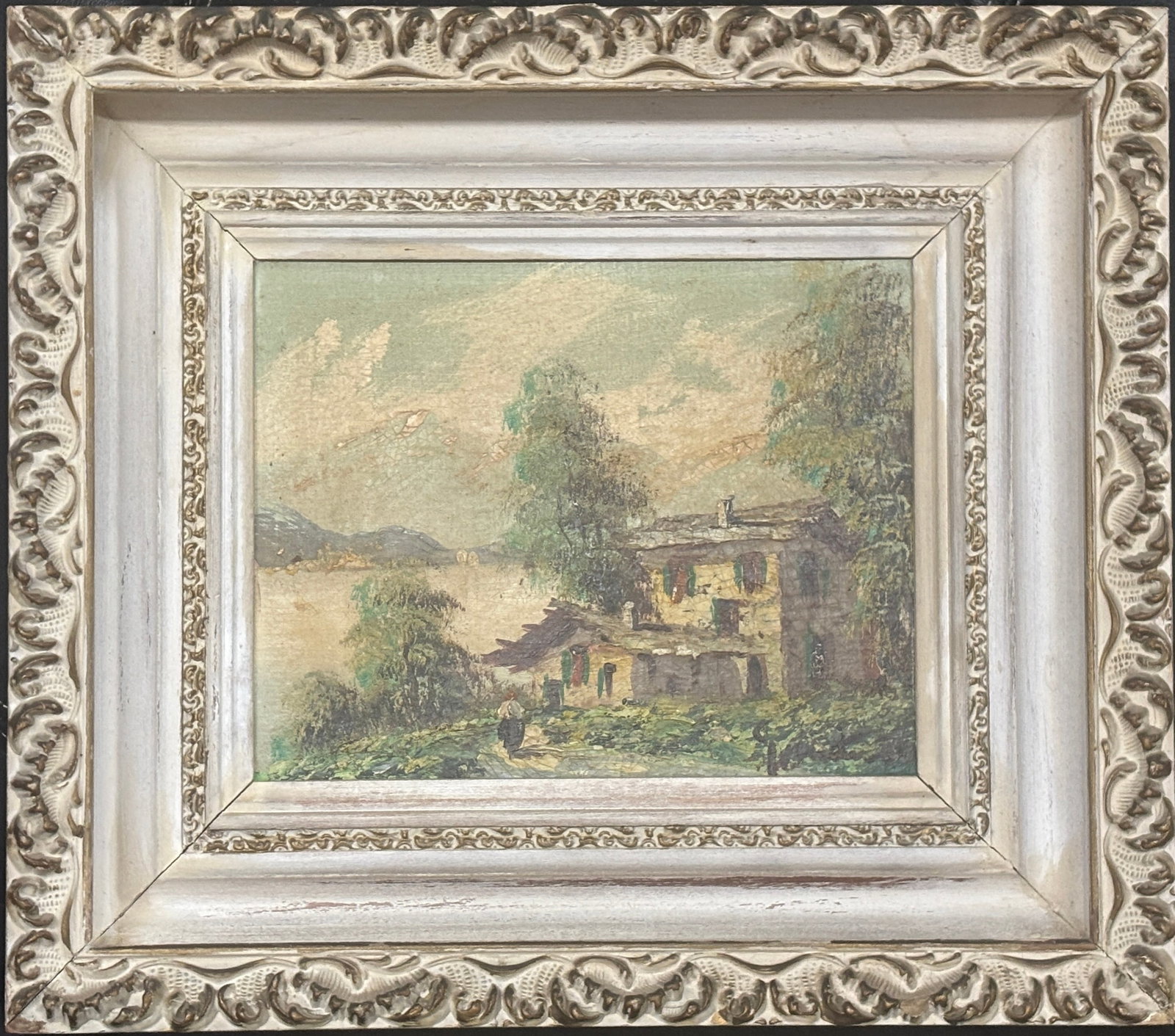 European vintage countryside lake oil painting: Vintage original oil painting on board beautiful European countryside lake and the mountain scene 8.5X10.5 inches original frame