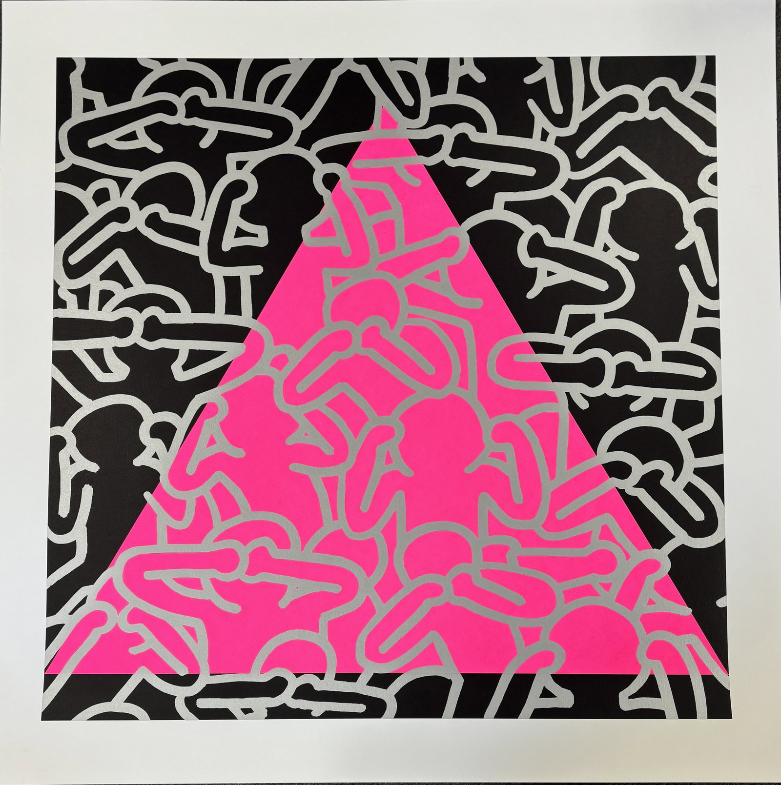 Keith Haring (American 1958-1990) Serigraph: Keith Haring (American 1958-1990) Serigraph from 1989 Approx 38 x 38 inches Silkscreen in colors on museum board Working Trial Proof Includes certificate and printers official stamps. Art Artwork Arti
