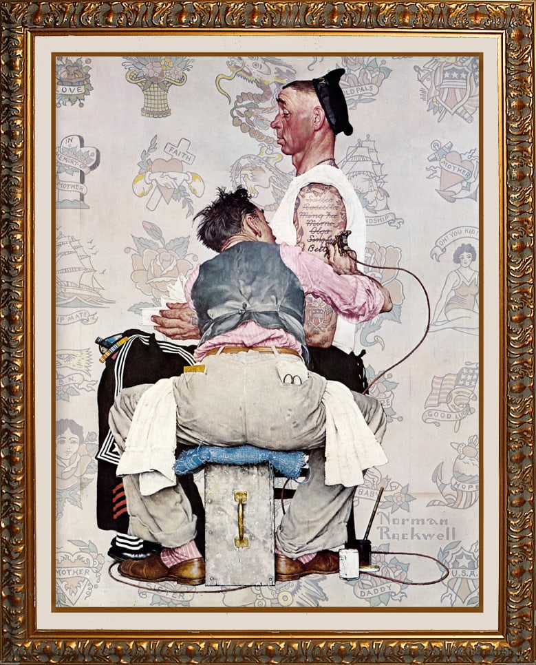 Norman Rockwell (American 1894-1978) The Tattooist Only Skin Deep ink on paper: After Norman Rockwell (American 1894-1978) The Tattooist. Only Skin Deep. ink on paper. Approx 30x38 inches. Custom framed. The signature is in the plate. Includes certificate of authenticity. Art Art