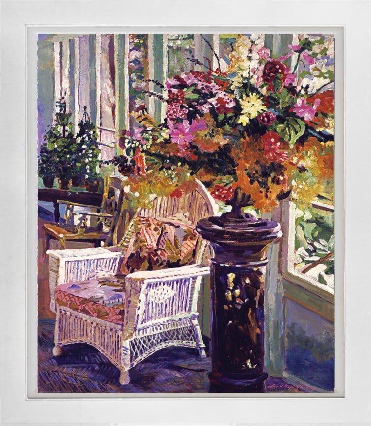 David Lloyd Glover (American 1949) Flower Arrangement Serigraph Limited Edition on paper by David: Limited Edition Serigraph hand signed and numbered by David Lloyd Glover. Hand signed by the artist. Approx image size 30x24 inches. Custom framed and includes certificate This work was purchased dire