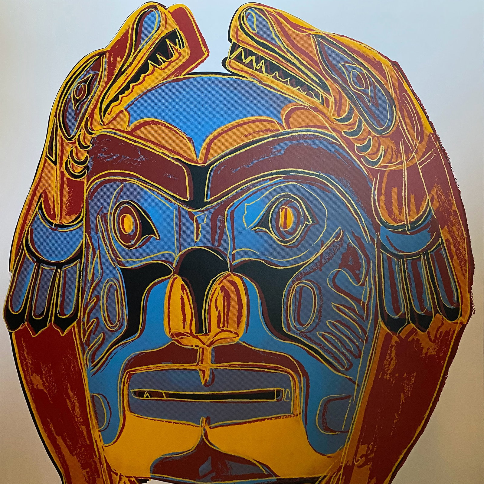Andy Warhol (American 1928-1987) Screenprint Northwest Coast Mask 1986 from the Cowboys and Indians: Andy Warhol (American 1928-1987) Andy Warhol Northwest Coast Mask. Serigraph Screenprint and Colophon. 1986. Approx. 36x36 inches. This working trial proof was made outside the regular edition during 