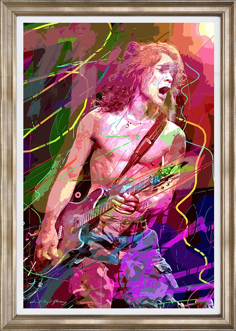 David Lloyd Glover (American 1949) Eddie Van Halen Jump Mixed Media Original Painting on canvas by: Eddie Van Halen Jump Mixed media on canvas by David Lloyd Glover Hand signed by the artist. On canvas. Approx 18x24 image size inches. Custom framed and includes certificate. This work was purchased d