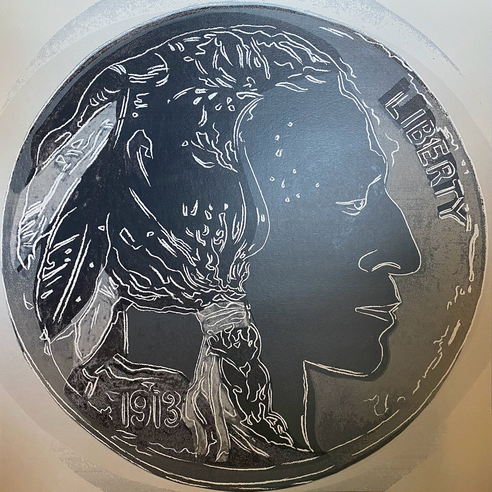 Andy Warhol (American 1928-1987) Screenprint Indian Head Nickel 1986 from the Cowboys and Indians: Andy Warhol (American 1928-1987) Andy Warhol Indian Head Nickel. Serigraph Screenprint and Colophon. 1986. Approx. 36 x 36 inches. This working trial proof was made outside the regular edition during 