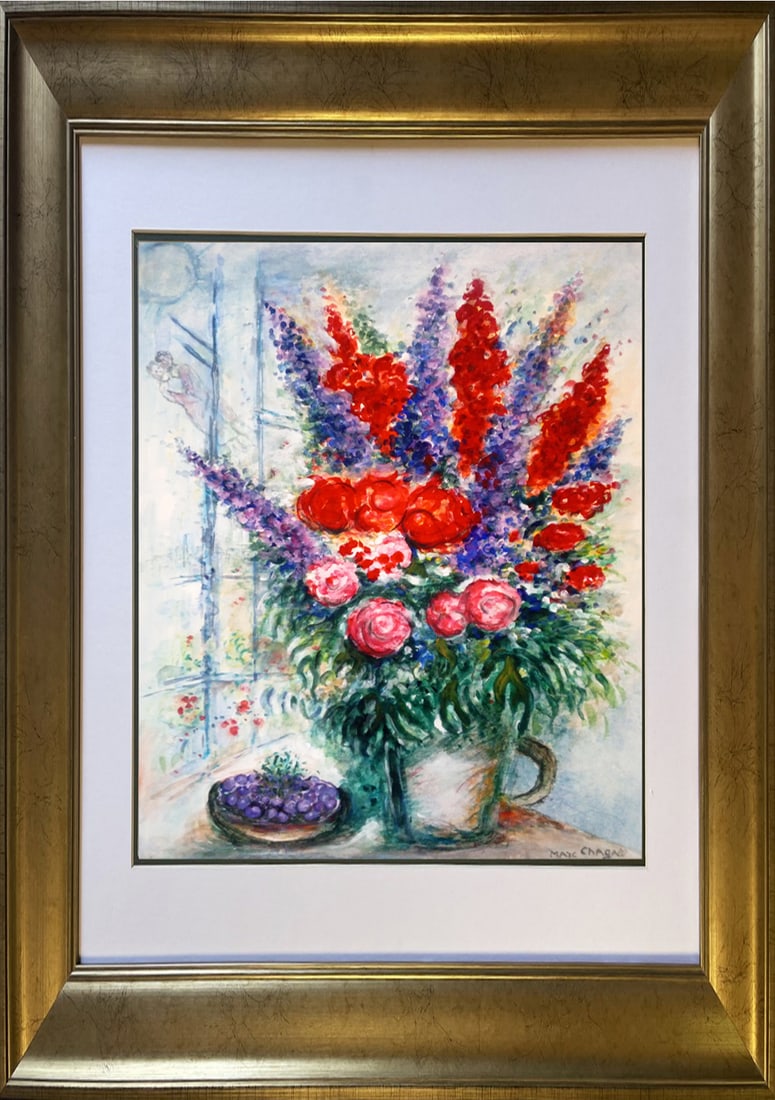 Marc Chagall (Russian-French 1887-1985) Original painting on Arches in the manner of Marc Chagall: Marc Chagall (Russian-French 1887-1985) Original on Arches in the manner of Marc Chagall 1977. The image size is approx 24x18 inches Signed and Includes documentation. Custom framed Art Artwork