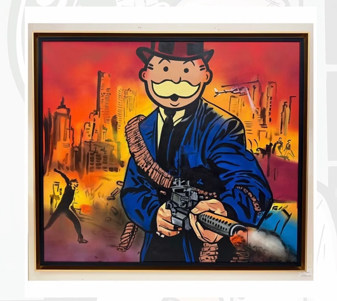 Mayhem Original on canvas by Sinister Monopoly: Mayhem Original on canvas by Sinister Monopoly Approx 65x56 inches image size. Includes certificate. One of a kind original Hand signed by the artist.