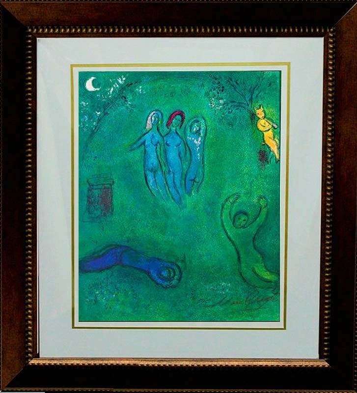 Marc Chagall (Russian-French 1887-1985) Lithograph hand signed 1977: Marc Chagall (Russian-French 1887-1985) Lithograph hand signed 1977 Marc Chagall Lithograph Hand signed Daphnis and Chloe suite 1977. Paris. Approx image size 14 x 10 inches. Custom framed and include